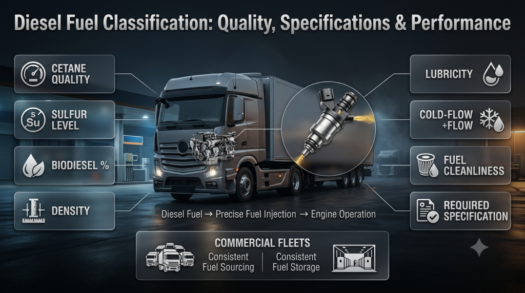 Diesel fuel classification infographic showing cetane, sulfur, biodiesel, density, lubricity, cold flow and cleanliness
