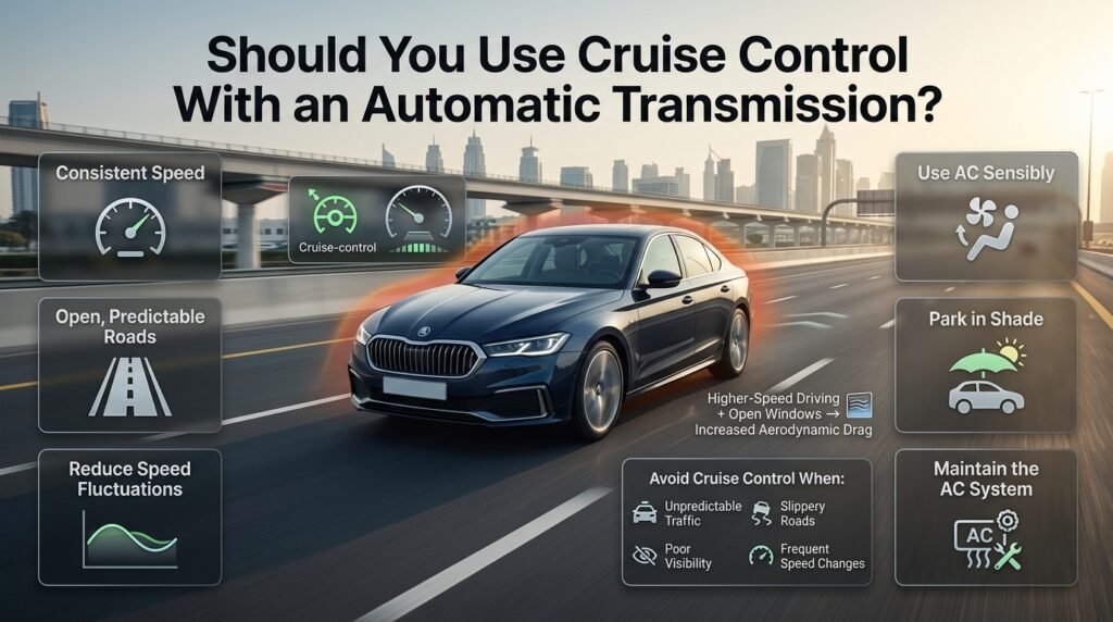 Automatic car using cruise control efficiently while air conditioning affects fuel economy during Dubai highway driving.