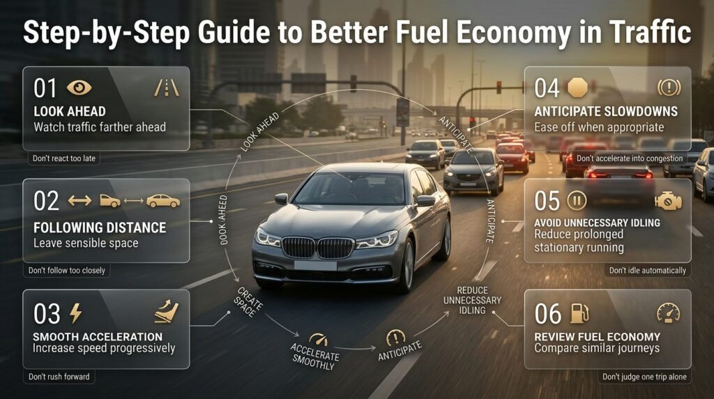 Step-by-step fuel economy guide showing traffic anticipation, safe following distance, smooth acceleration, braking, and reduced idling.