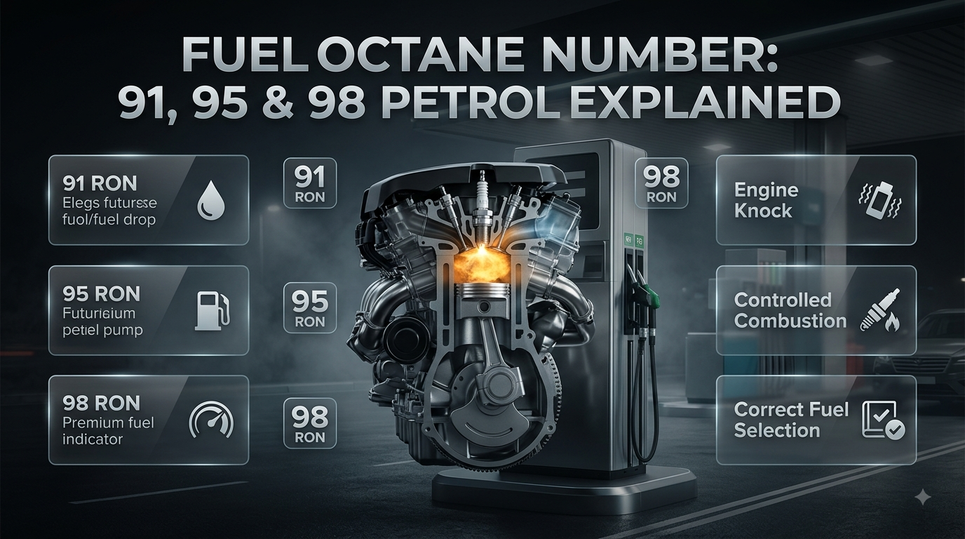 Fuel octane number infographic showing 91, 95 and 98 petrol grades with engine knock and combustion concepts Fuel Octane Number: 91, 95 & 98 Petrol Explained