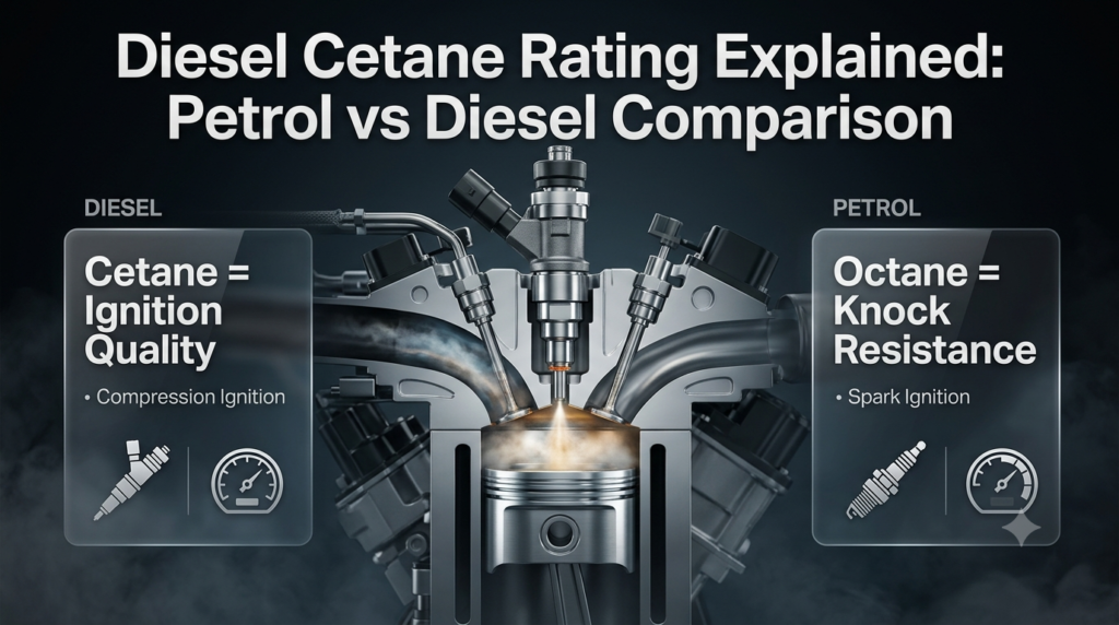 Diesel cetane rating explained with petrol octane comparison and compression ignition fuel infographic