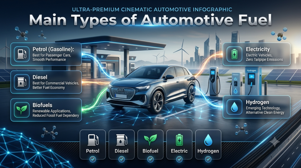 Side-by-side infographic comparing petrol and diesel engines based on ignition, fuel economy, torque, maintenance, daily use, and ownership costs.