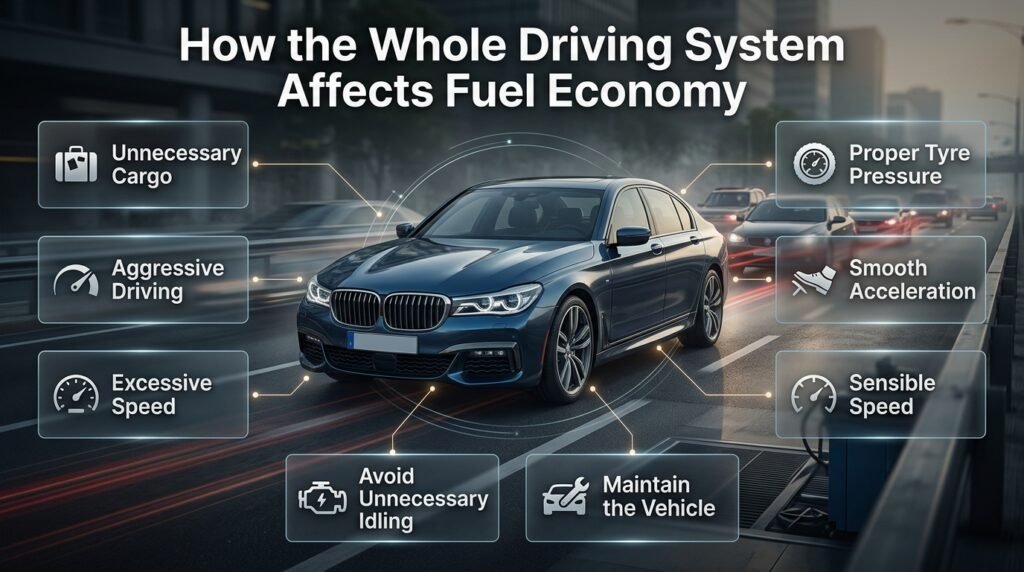 How vehicle weight, tyre pressure, speed, acceleration, braking, idling, traffic, and maintenance work together to affect fuel economy.