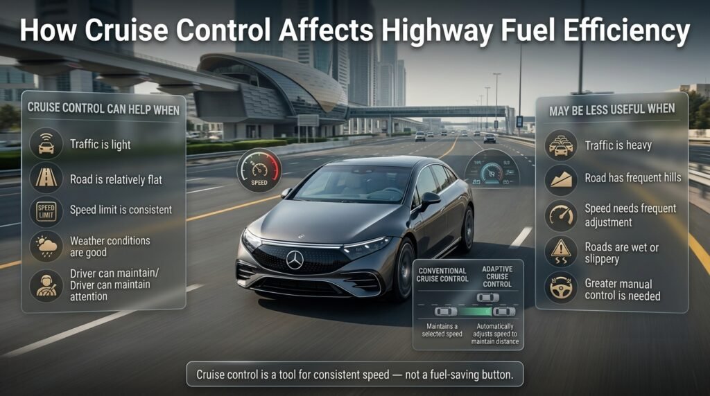 How cruise control affects highway fuel efficiency by maintaining steady speed and reducing unnecessary highway speed fluctuations