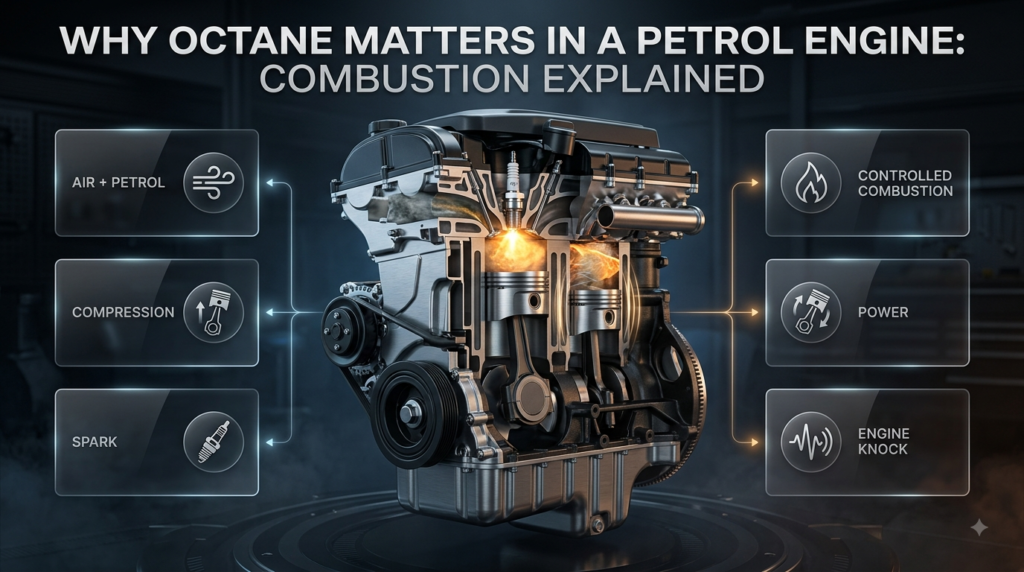 Petrol engine octane infographic showing compression, spark, controlled combustion, power and engine knock