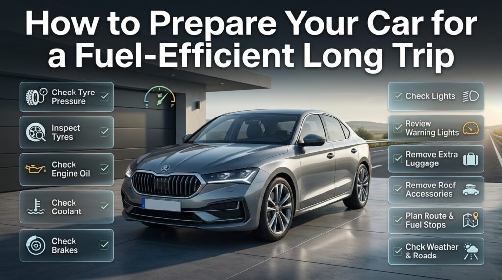 Car preparation checklist for a fuel-efficient long trip, including tyre pressure, fluids, brakes, luggage, route planning, and weather checks.