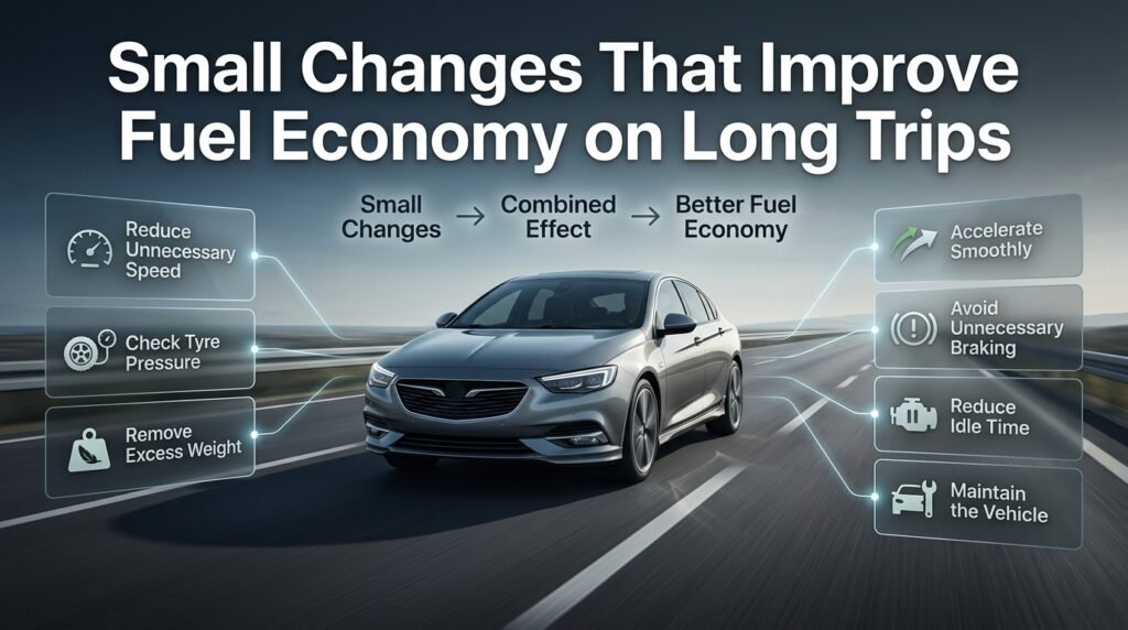 Small fuel-saving changes for long trips, including steady speed, tyre pressure, smooth driving, less weight, and vehicle maintenance.