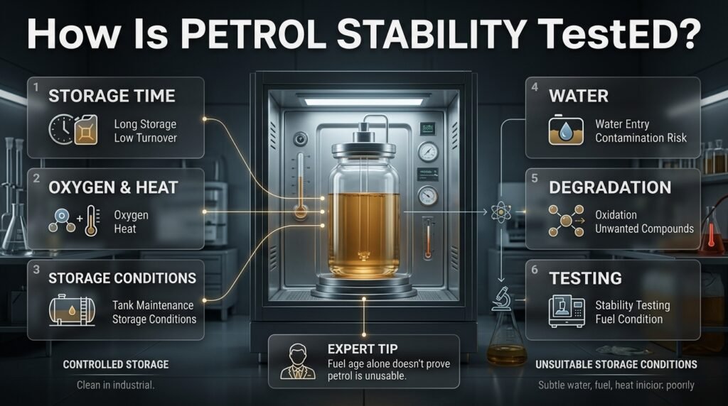 Petrol stability testing showing fuel oxidation, storage conditions, heat, oxygen, water contamination, and laboratory analysis.