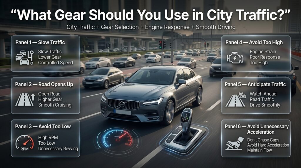 City traffic gear shifting infographic showing low and high gears, engine RPM, traffic flow, smooth driving, and fuel economy.
