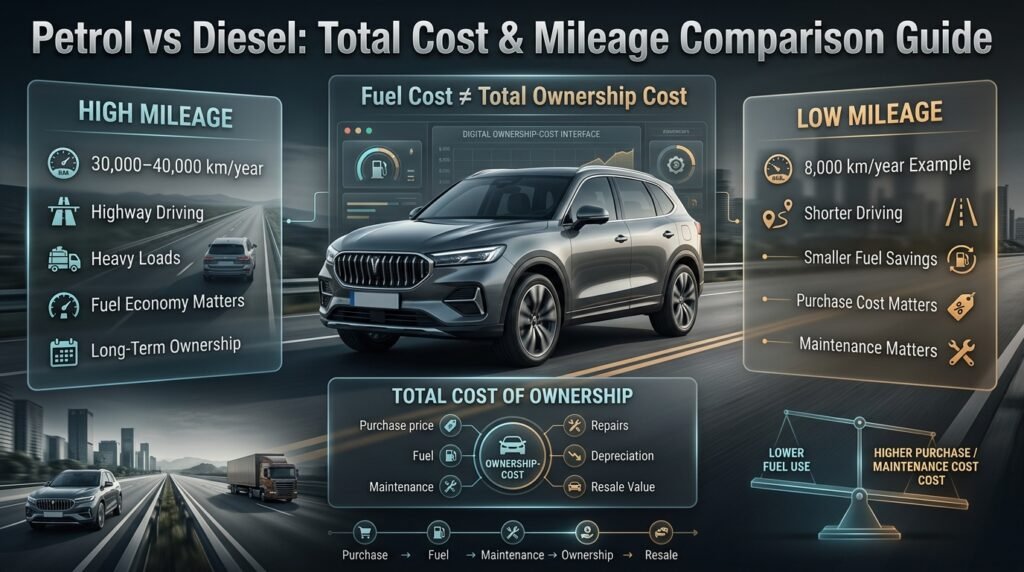 Petrol vs diesel comparison showing total ownership costs, fuel economy, high mileage, low mileage, maintenance, and resale value.
