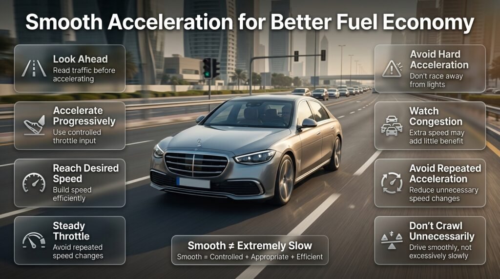 Smooth acceleration techniques showing progressive throttle control, steady driving, and reduced fuel waste in everyday traffic.