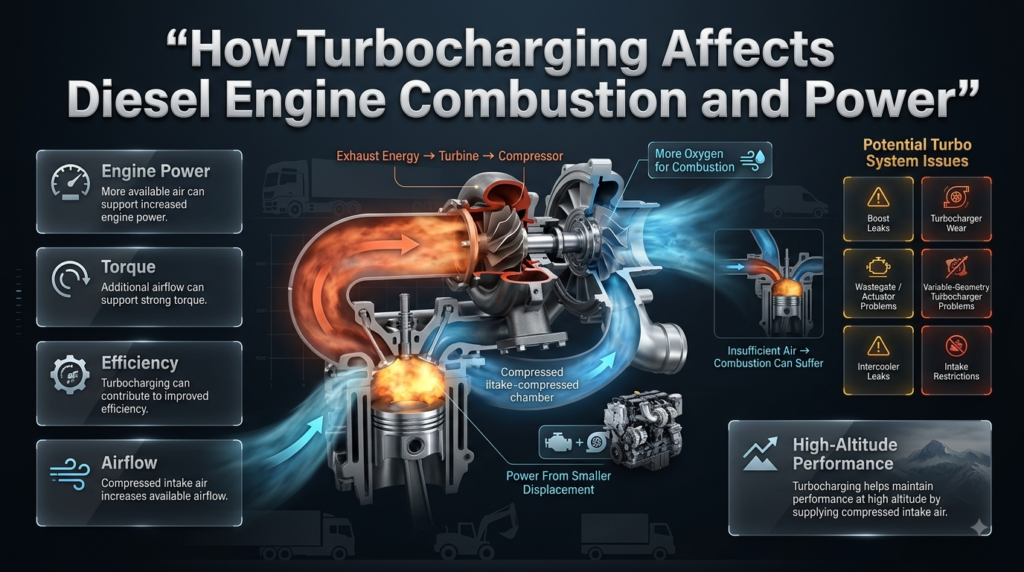 Turbocharged diesel engine showing exhaust-driven air compression, increased oxygen, improved combustion, and common turbo system issues.