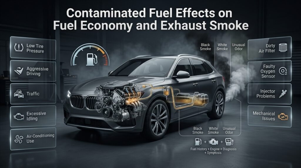 Contaminated fuel causing poor fuel economy, unusual exhaust smoke, black or white emissions, and changing engine combustion behavior