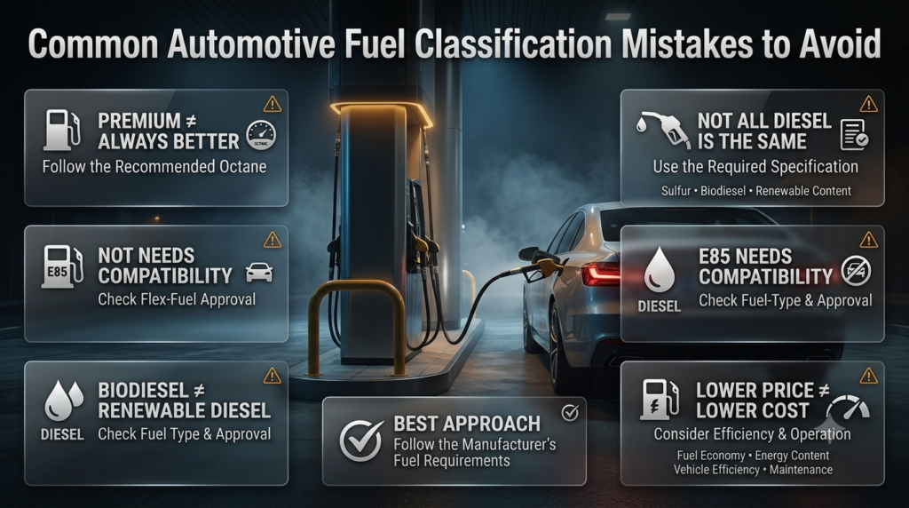 Automotive fuel classification mistakes infographic covering premium fuel, diesel, E85, biodiesel and fuel efficiency