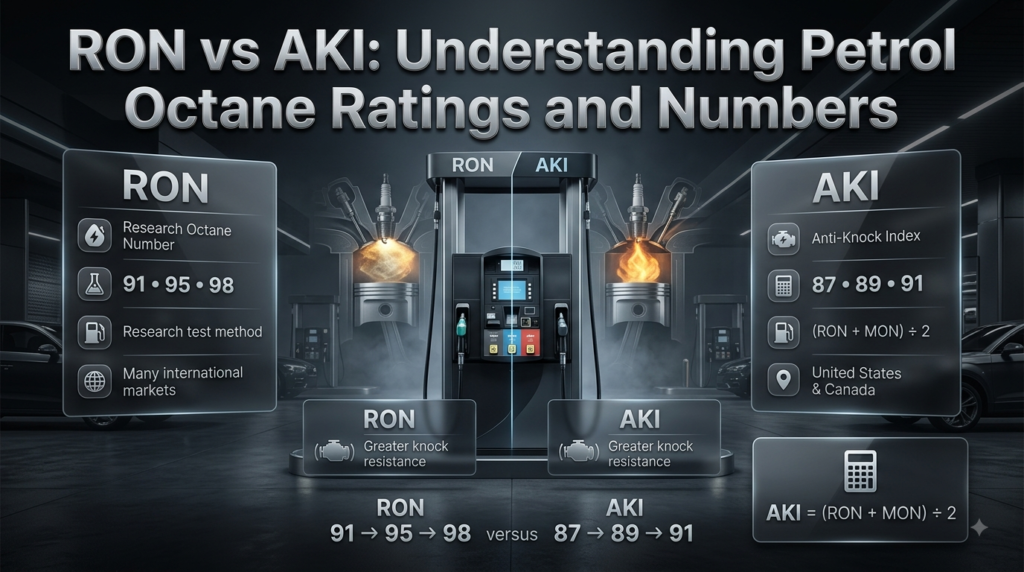 RON vs AKI infographic comparing octane ratings, calculation methods, pump numbers and knock resistance