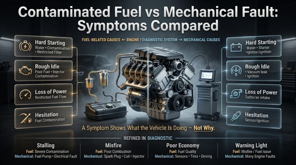 Contaminated fuel vs mechanical faults causing hard starting, rough idle, power loss, hesitation, stalling, and misfires