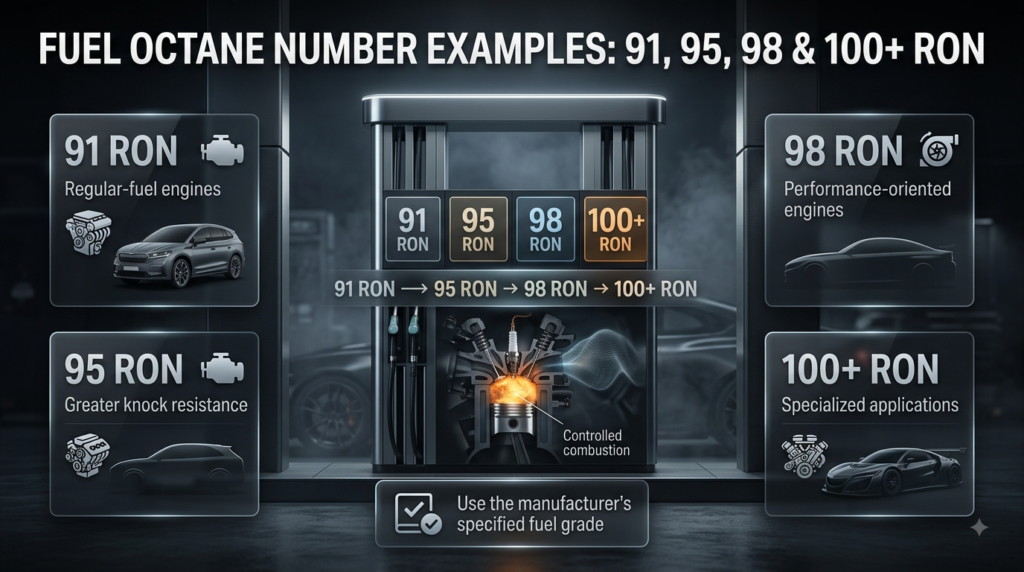Fuel octane number infographic comparing 91, 95, 98 and 100+ RON petrol grades and engine applications