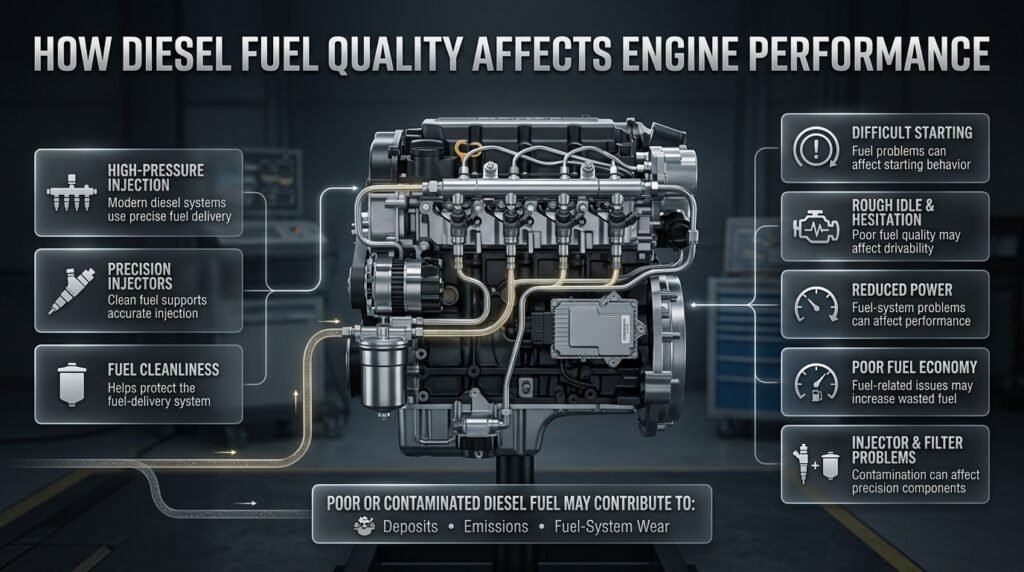 Diesel fuel quality infographic showing high-pressure injection, clean fuel, injectors, filters, engine performance, and fuel-system wear