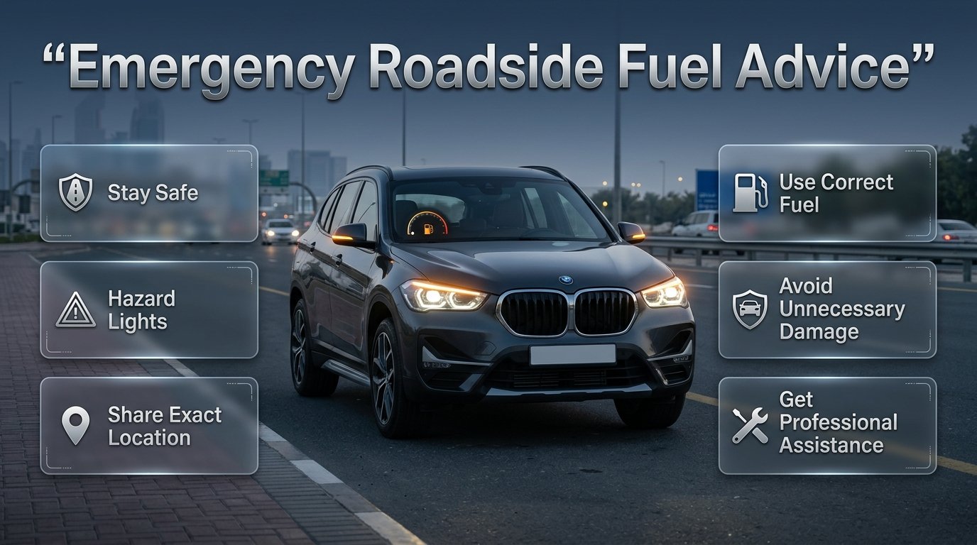 Emergency roadside fuel advice showing a stranded vehicle, safety hazards, correct fuel delivery, and professional roadside assistance Emergency Roadside Fuel Advice for Safe Vehicle Recovery.