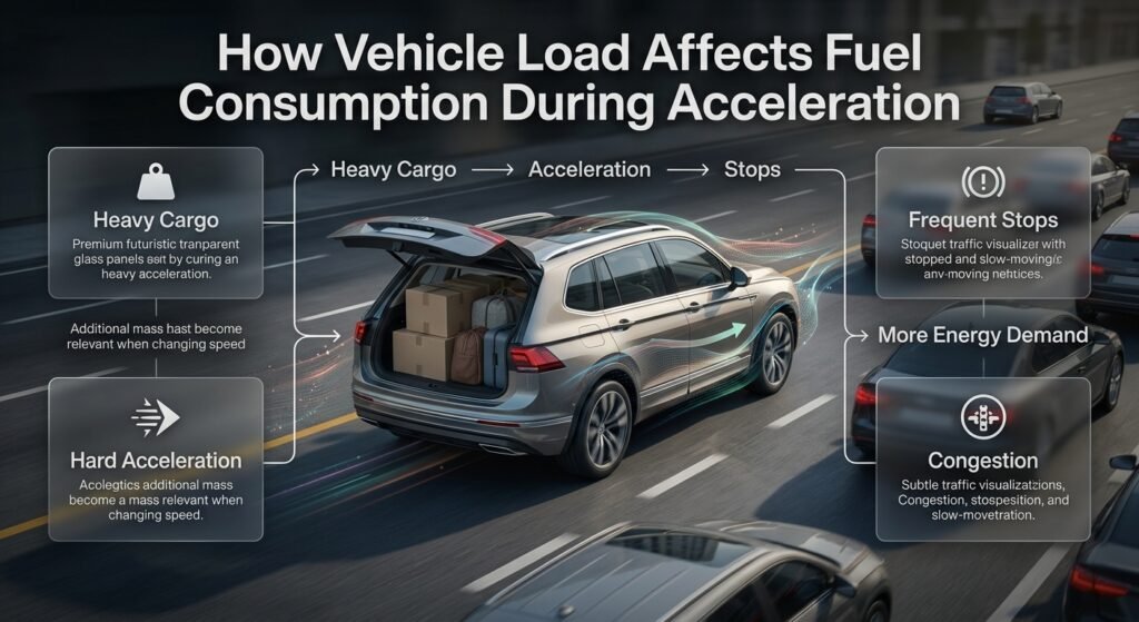 Vehicle load and fuel consumption infographic showing how heavy cargo, acceleration, stops, and congestion increase energy demand.