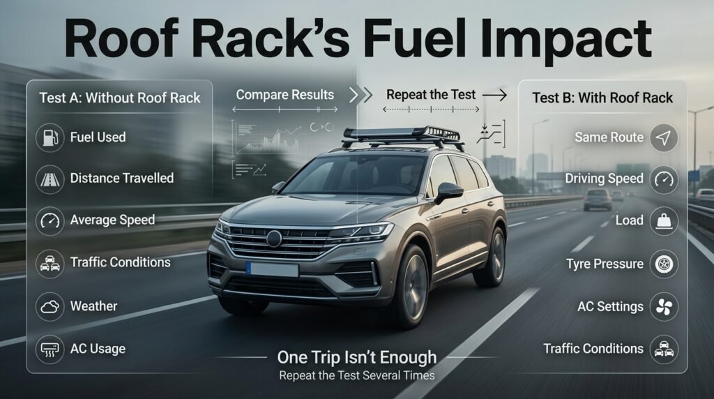 Car fuel economy comparison showing testing with and without a roof rack under consistent driving conditions