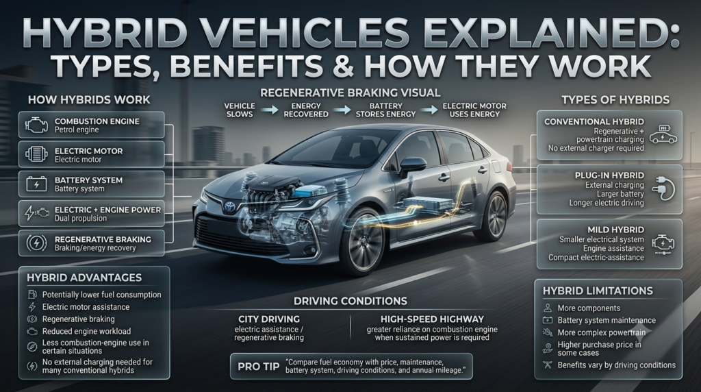 Hybrid vehicle infographic showing petrol engine, electric motor, battery, regenerative braking and conventional, plug-in and mild hybrids.
