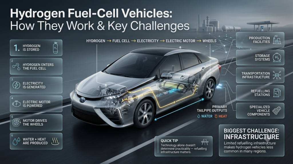Hydrogen fuel-cell vehicle infographic showing hydrogen storage, fuel-cell electricity generation, electric motor and refuelling infrastructure.
