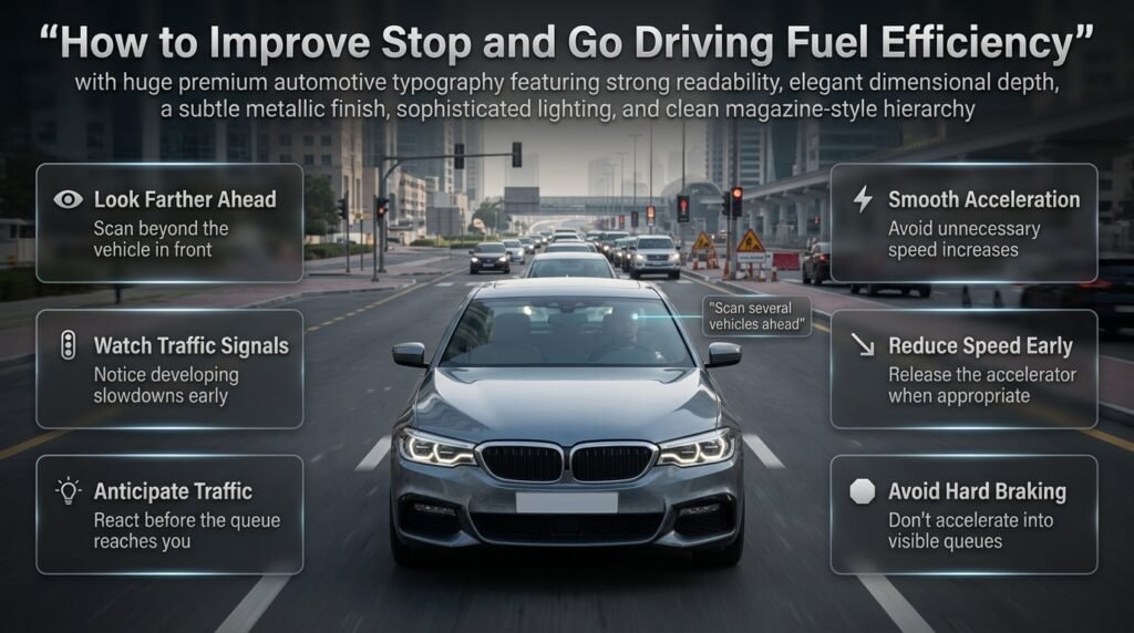 Stop and go driving fuel efficiency guide showing a driver looking ahead, traffic signals, brake lights, and smoother driving