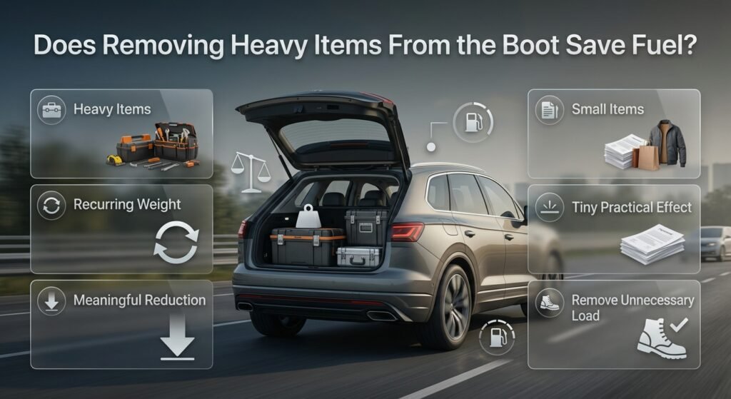 Car boot fuel economy infographic showing how removing heavy unnecessary items can reduce recurring vehicle weight and fuel use.