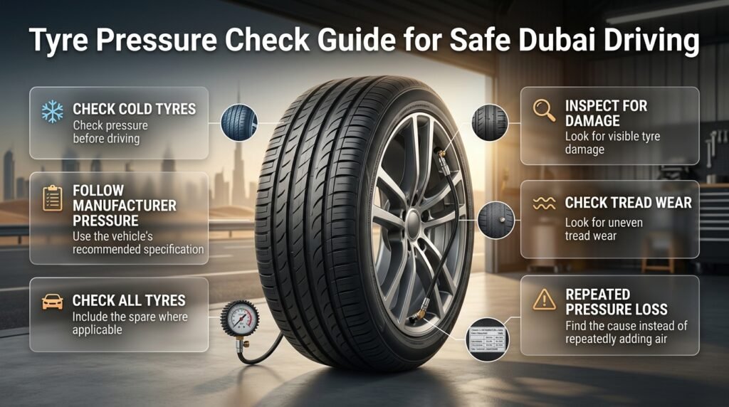 Tyre pressure check guide showing correct pressure, cold tyres, tread inspection, damage checks and spare tyre inspection before driving.