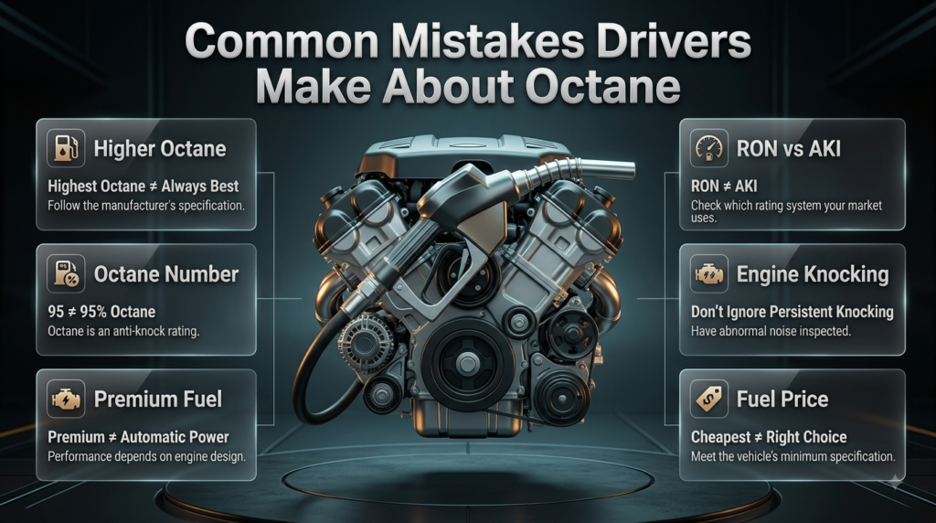 Infographic showing six common octane mistakes, including fuel ratings, premium fuel, RON versus AKI, and engine knocking.