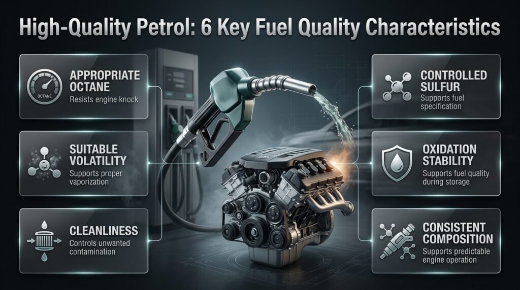 High-quality petrol infographic showing octane, volatility, cleanliness, sulfur, stability, and consistent fuel composition