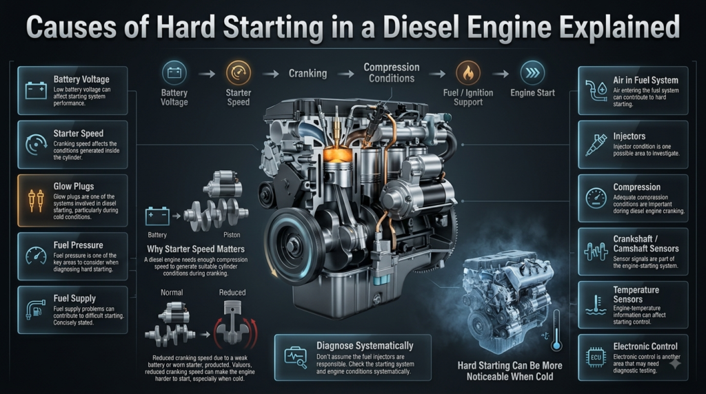 # Causes of Hard Starting in a Diesel Engine Explained
Create a **premium cinematic automotive diagnostic infographic** explaining the **possible causes of hard starting in a diesel engine** and why adequate starter speed is important during cranking.
The design must combine **photorealistic diesel-engine cutaway visualization, professional automotive diagnostics, cinematic lighting, premium glass infographic panels, and magazine-quality technical composition**.
## MAIN TITLE
Place the exact title at the very top:
**“Causes of Hard Starting in a Diesel Engine Explained”**
Use huge, premium, highly legible automotive-engineering typography.
The title must be visually dominant.
Use sophisticated metallic-white lettering with subtle dimensional depth, realistic reflections, and controlled technical illumination.
Do not change, shorten, paraphrase, or replace the title.
## CENTRAL HERO OBJECT
Create one spectacular **photorealistic modern diesel engine during the cranking/start-up phase** in the center.
Show a detailed technical cutaway containing:
* diesel cylinder
* piston
* crankshaft
* connecting rod
* starter motor
* injector
* glow plug
* intake pathway
* fuel pathway
* relevant sensors
The engine should visibly be in the **cranking stage**, not normal running operation.
Show the starter motor turning the crankshaft.
Use a subtle rotational motion effect around the crankshaft to communicate cranking.
Inside the cylinder, show the piston moving and compression conditions developing.
The central hero must clearly communicate:
**Cranking → Compression Conditions → Engine Starting**
## STARTING PROCESS VISUALIZATION
Create an elegant technical sequence around the central engine:
**Battery Voltage → Starter Speed → Cranking → Compression Conditions → Fuel / Ignition Support → Engine Start**
Use premium technical icons and thin directional connectors.
Do not make this look like a simple flowchart.
Integrate the sequence naturally into the photorealistic engine scene.
## LEFT-SIDE DIAGNOSTIC PANELS
Place premium futuristic glass panels on the left side.
Use concise diagnostic callouts.
### Panel 1
**Battery Voltage**
Low battery voltage can affect starting system performance.
Use a premium battery icon.
### Panel 2
**Starter Speed**
Cranking speed affects the conditions generated inside the cylinder.
Use a rotating starter/crankshaft icon.
### Panel 3
**Glow Plugs**
Glow plugs are one of the systems involved in diesel starting, particularly during cold conditions.
Use a glow-plug/heat icon.
### Panel 4
**Fuel Pressure**
Fuel pressure is one of the key areas to consider when diagnosing hard starting.
Use a high-pressure fuel icon.
### Panel 5
**Fuel Supply**
Fuel supply problems can contribute to difficult starting.
Use a fuel-line icon.
Keep the text concise.
Never use long paragraphs inside the panels.
## RIGHT-SIDE DIAGNOSTIC PANELS
Create matching premium glass panels on the right.
### Panel 1
**Air in Fuel System**
Air entering the fuel system can contribute to hard starting.
Use a fuel-line plus air-bubble icon.
### Panel 2
**Injectors**
Injector condition is one possible area to investigate.
Use a precision diesel injector icon.
### Panel 3
**Compression**
Adequate compression conditions are important during diesel engine cranking.
Use a compression/pressure gauge icon.
### Panel 4
**Crankshaft / Camshaft Sensors**
Sensor signals are part of the engine-starting system.
Use synchronized crankshaft/camshaft sensor icons.
### Panel 5
**Temperature Sensors**
Engine-temperature information can affect starting control.
Use a temperature sensor icon.
### Panel 6
**Electronic Control**
Electronic control is another area that may need diagnostic testing.
Use an ECU/control-module icon.
Do not imply that any single component is automatically responsible.
## STARTER SPEED HERO DETAIL
Create a prominent secondary visualization focused specifically on **starter speed**.
Show:
**Battery → Starter Motor → Crankshaft → Piston**
Use a subtle mechanical motion sequence.
The starter motor should visibly rotate the crankshaft.
Add a premium callout:
**Why Starter Speed Matters**
Below it, use a concise explanation:
**A diesel engine needs enough compression speed to generate suitable cylinder conditions during cranking.**
Keep the sentence readable and visually separated.
## WEAK BATTERY / WORN STARTER COMPARISON
Create a subtle diagnostic comparison.
### Normal Cranking
Show the starter turning the crankshaft at an appropriate speed.
### Reduced Cranking Speed
Show a weak battery or worn starter producing slower crankshaft movement.
Use restrained visual indicators rather than numerical RPM values.
Show that reduced cranking speed can make the engine harder to start, especially when cold.
Do not invent cranking-speed measurements.
## COLD-START VISUALIZATION
Create a sophisticated cold-weather atmosphere around a secondary portion of the engine.
Use:
* subtle cool-blue lighting
* faint cold vapor
* restrained frost-like atmospheric cues
* cold-temperature indicator
Do not make the scene snowy or exaggerated.
The purpose is simply to visually reinforce:
**Hard Starting Can Be More Noticeable When Cold**
Do not add unsupported temperature values.
## SYSTEMATIC DIAGNOSIS PANEL
Create a premium lower-center glass panel titled:
**Diagnose Systematically**
Use a clean diagnostic icon.
Add a concise statement:
**Don't assume the fuel injectors are responsible. Check the starting system and engine conditions systematically.**
This should be one of the key educational messages in the image.
Do not make it sound like a repair instruction beyond the supplied content.
## BACKGROUND
Create a sophisticated dark automotive diagnostic environment.
Use:
* deep graphite
* gunmetal
* charcoal
* black metallic
* cool blue technical illumination
* subtle cyan diagnostic highlights
* restrained amber indicators
Add faint engineering grids, technical HUD elements, diagnostic interface geometry, mechanical silhouettes, and subtle atmospheric depth.
Keep the background professional rather than futuristic fantasy.
## GLASS INFORMATION PANELS
Use premium transparent glass panels with:
* translucent dark surfaces
* realistic reflections
* subtle edge illumination
* soft internal glow
* crisp typography
* professional icons
* generous spacing
* realistic depth
Use consistent panel design throughout.
Avoid excessive neon.
## LIGHTING
Use cinematic automotive studio lighting:
* HDR illumination
* realistic metallic reflections
* controlled rim lighting
* cool diagnostic glow
* subtle volumetric light
* physically accurate shadows
* realistic highlights
* premium depth
* restrained cold-start atmosphere
The engine should appear physically present and mechanically authentic.
## COLOR LANGUAGE
Use colors strategically:
**Cool blue/cyan:** diagnostics, sensors, cold-start conditions, electrical systems
**Metallic silver/gunmetal:** engine components
**Amber:** glow plug and starting-system emphasis
**Deep red:** subtle fault indicators only
**Dark graphite:** background
Keep the overall palette sophisticated and professional.
## COMPOSITION
Use a premium 16:9 widescreen composition.
**TOP:** Exact title
**CENTER:** Diesel engine during cranking
**LEFT:** Battery, starter, glow plugs, fuel pressure, fuel supply
**RIGHT:** Air in fuel system, injectors, compression, sensors, electronic control
**LOWER CENTER:** Starter-speed explanation + systematic diagnosis
Maintain strong negative space.
Do not allow panels to obscure the central piston, crankshaft, or starter.
The mechanical engine must remain the visual hero.
## VISUAL STORY
The image should communicate within seconds:
**Hard Starting Has Multiple Possible Causes**
Then visually connect:
**Battery Voltage**
**Starter Speed**
**Glow Plugs**
**Fuel Pressure**
**Fuel Supply**
**Air in Fuel System**
**Injectors**
**Compression**
**Crankshaft/Camshaft Sensors**
**Temperature Sensors**
**Electronic Control**
The most important secondary message should be:
**Starter Speed Matters**
Show why:
**Weak Battery / Worn Starter → Reduced Cranking Speed → Less Suitable Cylinder Conditions → Harder Starting**
Then reinforce:
**Diagnose Systematically — Don't Assume the Injectors Are Responsible**
## TECHNICAL REALISM
Make the engine mechanically believable.
Show realistic:
* starter motor position
* crankshaft geometry
* connecting rod
* piston movement
* injector placement
* glow plug position
* sensor placement
* fuel pathway
* intake pathway
Avoid physically impossible component arrangements.
Do not turn the engine into a generic futuristic machine.
## STYLE
Premium automotive service magazine + cinematic mechanical cutaway + professional diesel diagnostic visualization + luxury technical infographic.
The image should look like it was created by a senior automotive engineer, professional mechanical 3D artist, and award-winning infographic designer.
Use realistic machined metals, authentic engine geometry, detailed components, realistic reflections, HDR rendering, cinematic depth, sophisticated typography, and premium glass interfaces.
## TEXT RULES
Render all visible text with perfect spelling and excellent readability.
Do not invent:
* RPM figures
* battery voltage values
* compression ratios
* temperatures
* fuel-pressure values
* diagnostic codes
* repair costs
* engine specifications
* brands
* unsupported causes
Do not claim that injectors are the definitive cause.
Never use long paragraphs.
Keep every infographic statement concise and directly supported by the provided content.
## FINAL QUALITY
Ultra-high-resolution, photorealistic, cinematic, technically sophisticated, realistic diesel mechanics, premium diagnostic interface, HDR, detailed metallic surfaces, realistic cranking motion, controlled cold-start atmosphere, crisp typography, balanced composition, professional automotive editorial quality.
**Aspect ratio: 16:9 widescreen.**
The final image should feel like a **premium Adobe Photoshop diesel diagnostic infographic produced for a leading automotive engineering publication**, while remaining visually powerful and immediately understandable as a YouTube thumbnail.