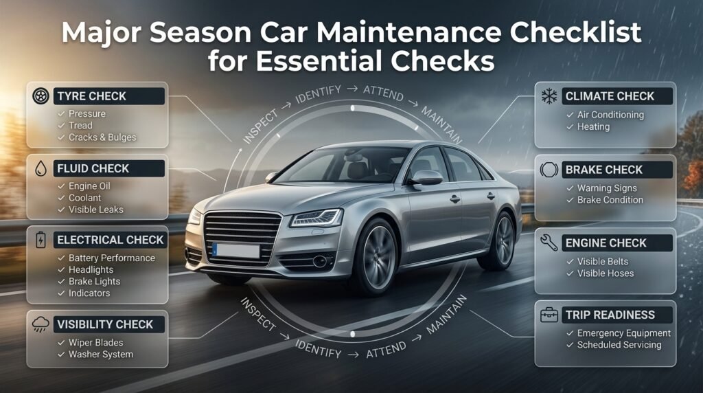 Seasonal car maintenance checklist showing tyre, oil, coolant, battery, brakes, lights, wipers and emergency equipment checks.