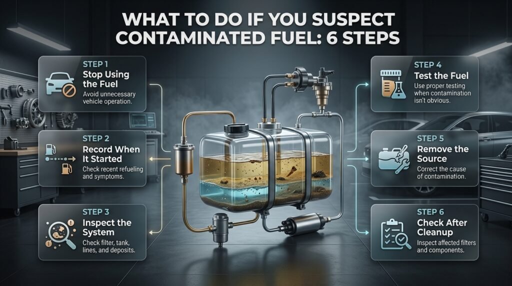 Six-step guide showing what to do when contaminated fuel is suspected, from stopping use to testing and system inspection
