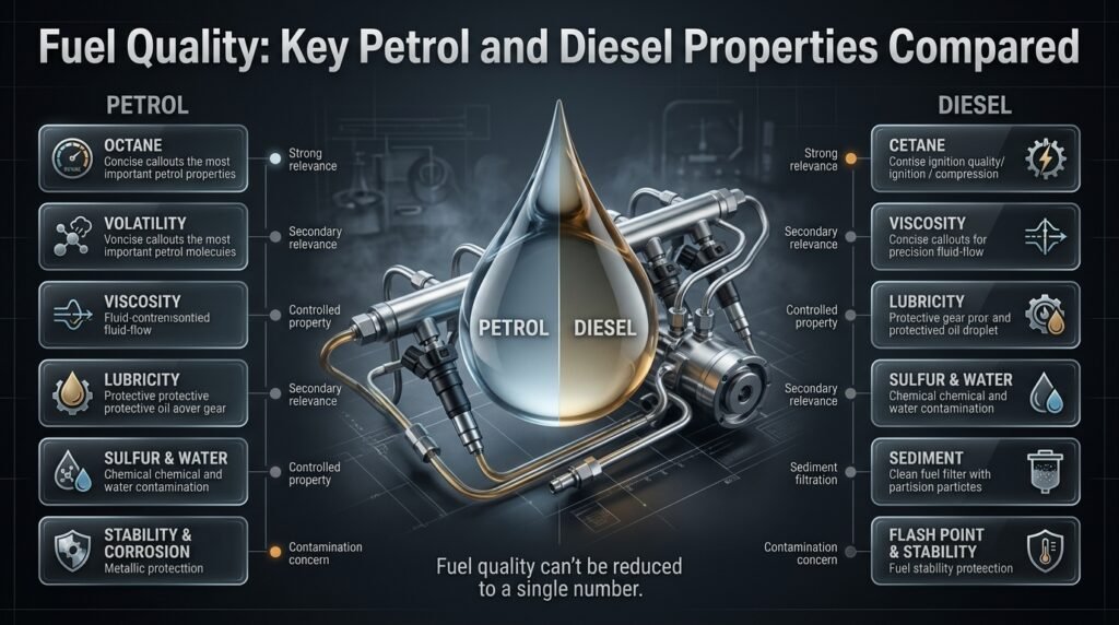 Fuel quality infographic comparing petrol and diesel properties including octane, cetane, viscosity, water, sulfur, and stability