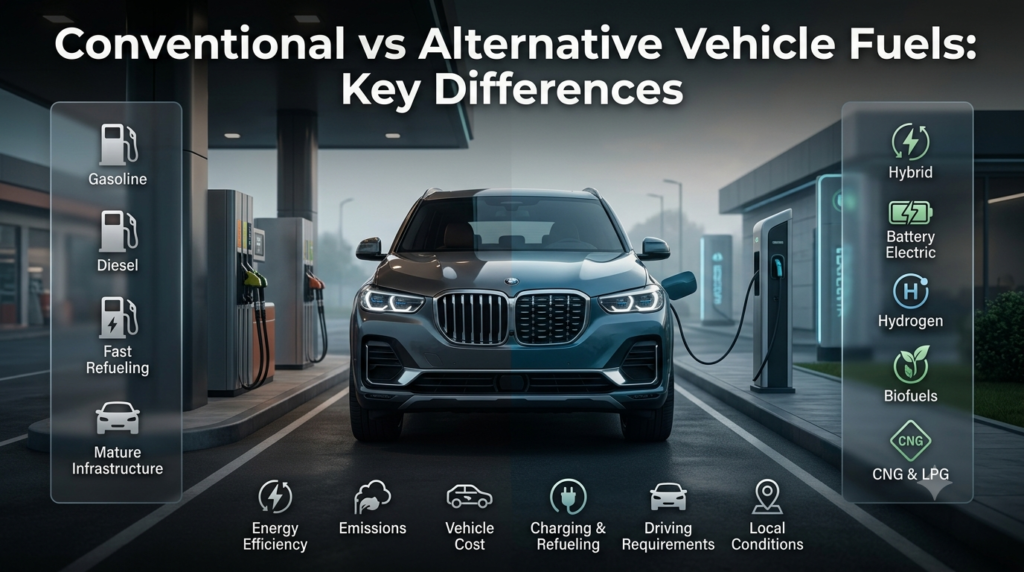 Infographic comparing conventional and alternative vehicle fuels including gasoline, diesel, hybrids, EVs, hydrogen, biofuels, CNG and LPG