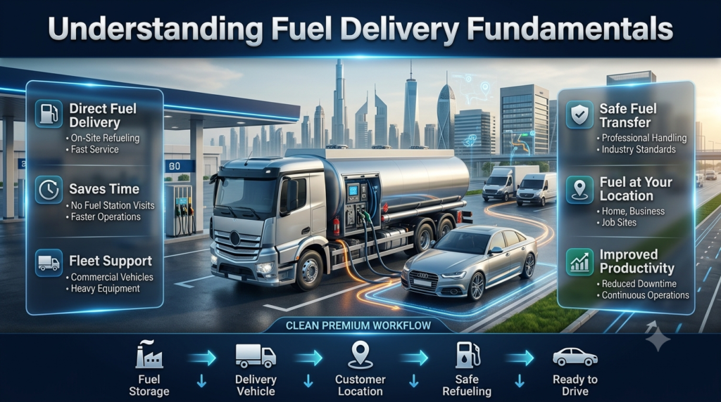 Premium infographic illustrating modern fuel delivery services, showing fuel transportation from storage facilities directly to vehicles, fleets, generators, and equipment.