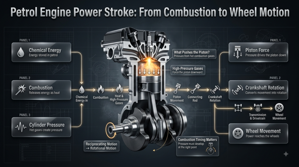 Petrol engine power stroke showing combustion pressure pushing the piston and transferring energy through the crankshaft to the wheels.