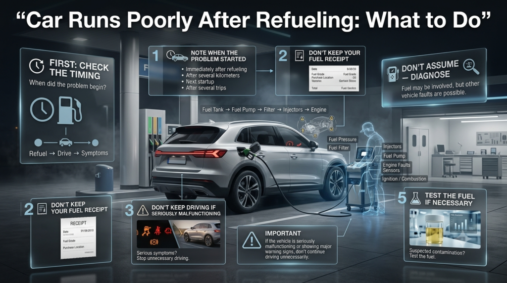 Steps to diagnose a car running poorly after refueling, including receipt, inspection, fuel testing, and safety checks