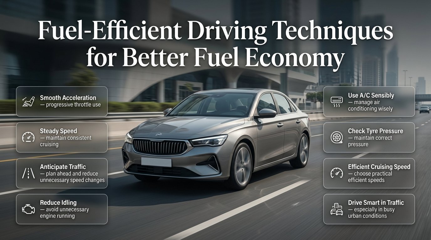 Fuel-efficient driving techniques showing smooth acceleration, steady speed, smart braking, less idling, and better fuel economy. Fuel-Efficient Driving Techniques for Better Fuel Economy