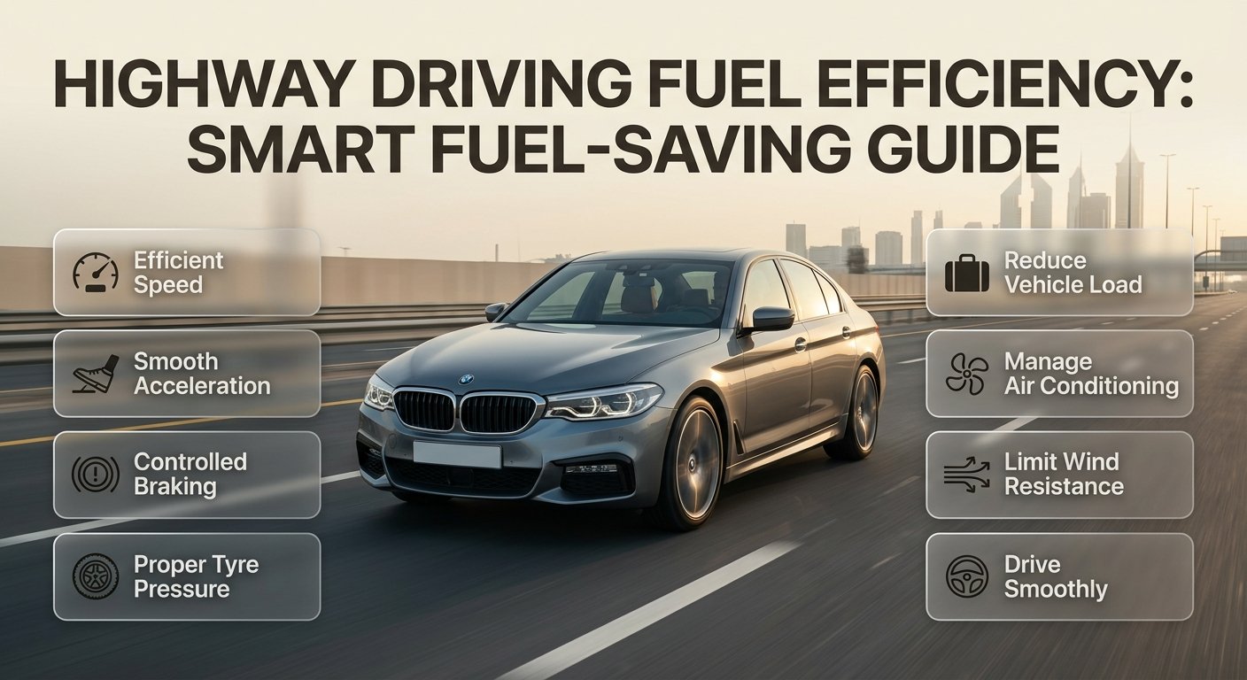 Highway driving fuel efficiency infographic showing a car, efficient speed, tyre pressure, smooth driving, and fuel-saving tips. Highway Driving Fuel Efficiency: Smart Fuel-Saving Guide
