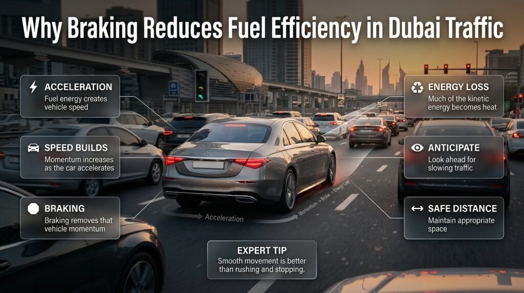 Braking and fuel efficiency in Dubai traffic showing acceleration, energy loss, braking, and smoother driving through congestion.