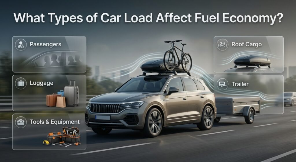 Car load and fuel economy infographic showing passengers, luggage, tools, roof cargo, and trailers affecting vehicle efficiency.