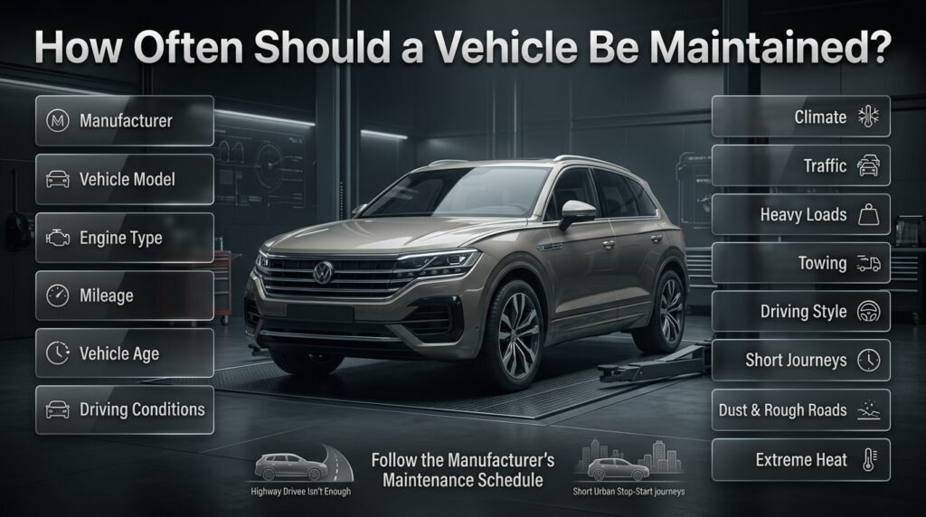 Vehicle maintenance schedule showing mileage, age, driving conditions, climate, traffic, and manufacturer service guidance.