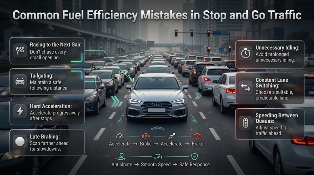 Fuel efficiency mistakes infographic showing tailgating, hard acceleration, late braking, idling, and lane switching in traffic