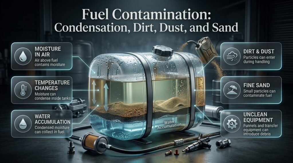 Fuel contamination caused by tank condensation, dirt, dust, sand, and unclean equipment affecting modern fuel systems