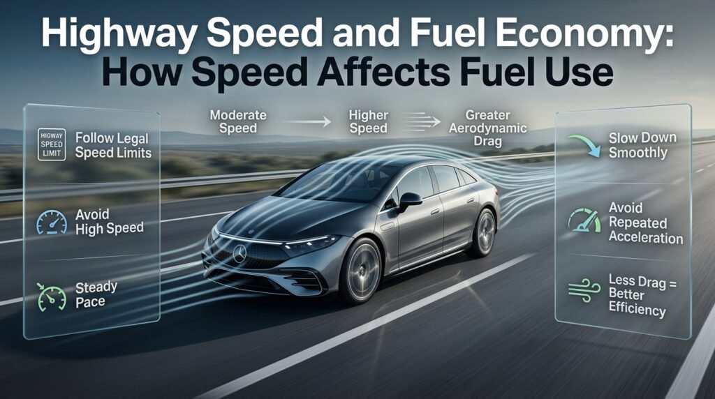 Highway speed affecting fuel economy, showing steady driving, aerodynamic drag, smooth slowing, and reduced fuel use on long trips.