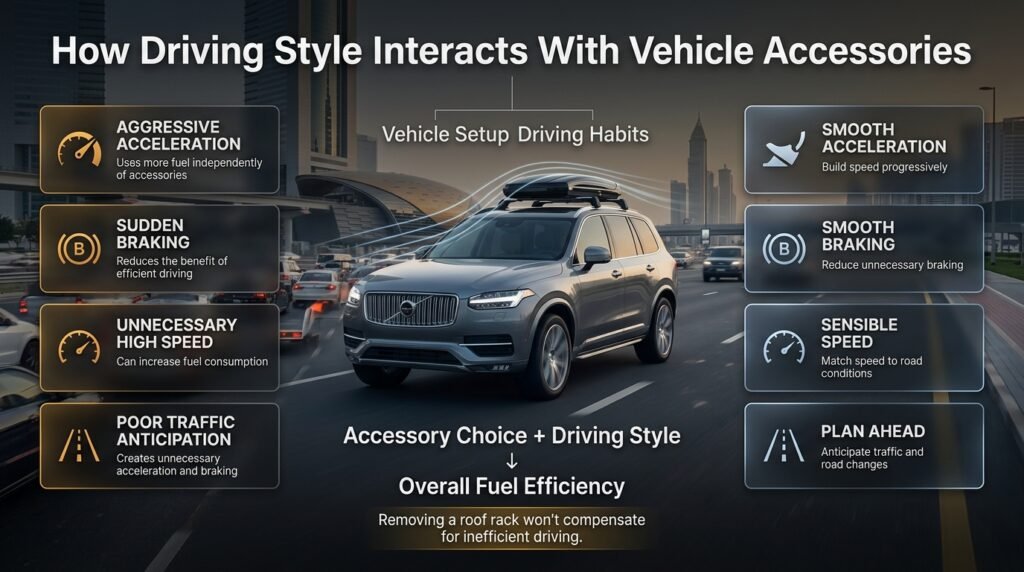 How driving style and vehicle accessories interact to affect fuel consumption through acceleration, braking, speed, and traffic