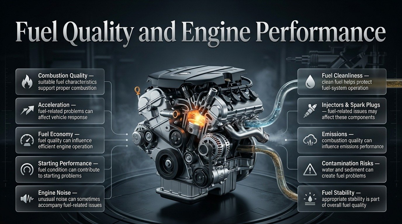 Fuel quality and engine performance infographic showing how clean, stable fuel affects combustion, acceleration, economy, and engine operation.